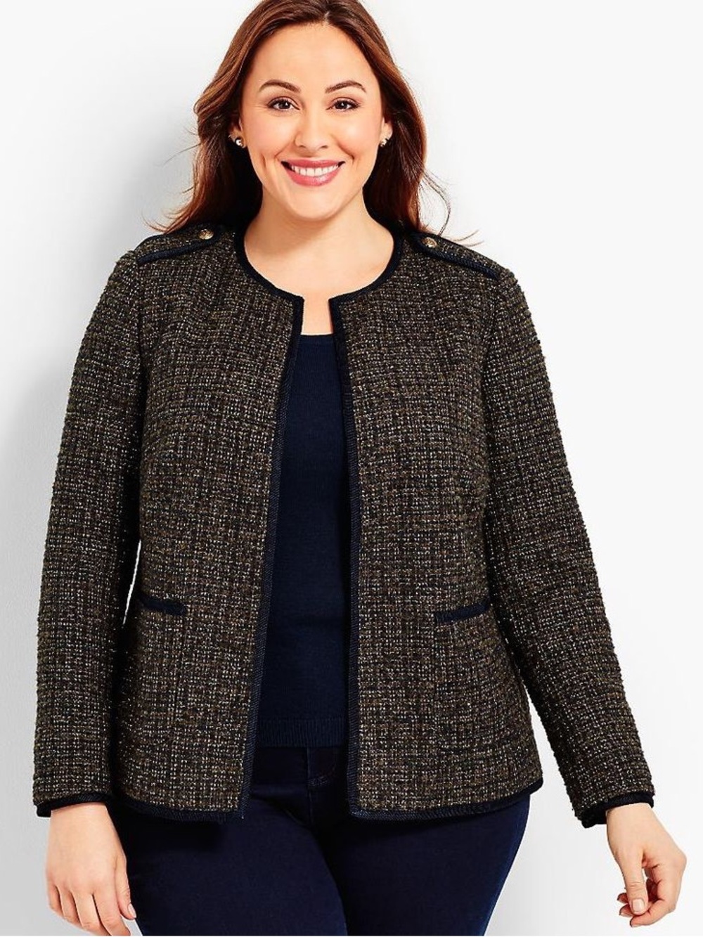 [NWT] Talbots Metallic Tweed Collarless Blazer Jacket Contrast Trim Sz 4 Petite